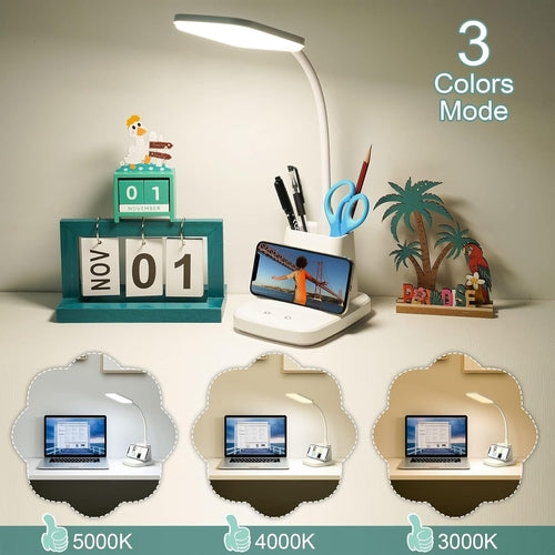 Upgraded LED Desk Lamp with Wireless Charger, White Small Desk Light